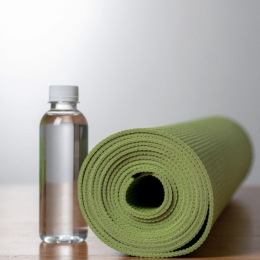a yoga mat beside a bottle