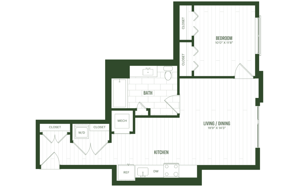 A3 - 1 bedroom floorplan layout with 1 bathroom and 690 square feet