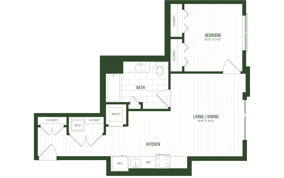 A3 - 1 bedroom floorplan layout with 1 bathroom and 690 square feet