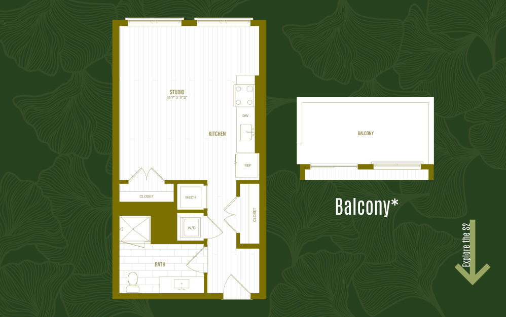 S2 - Studio floorplan layout with 1 bathroom and 500 square feet (Floorplan)