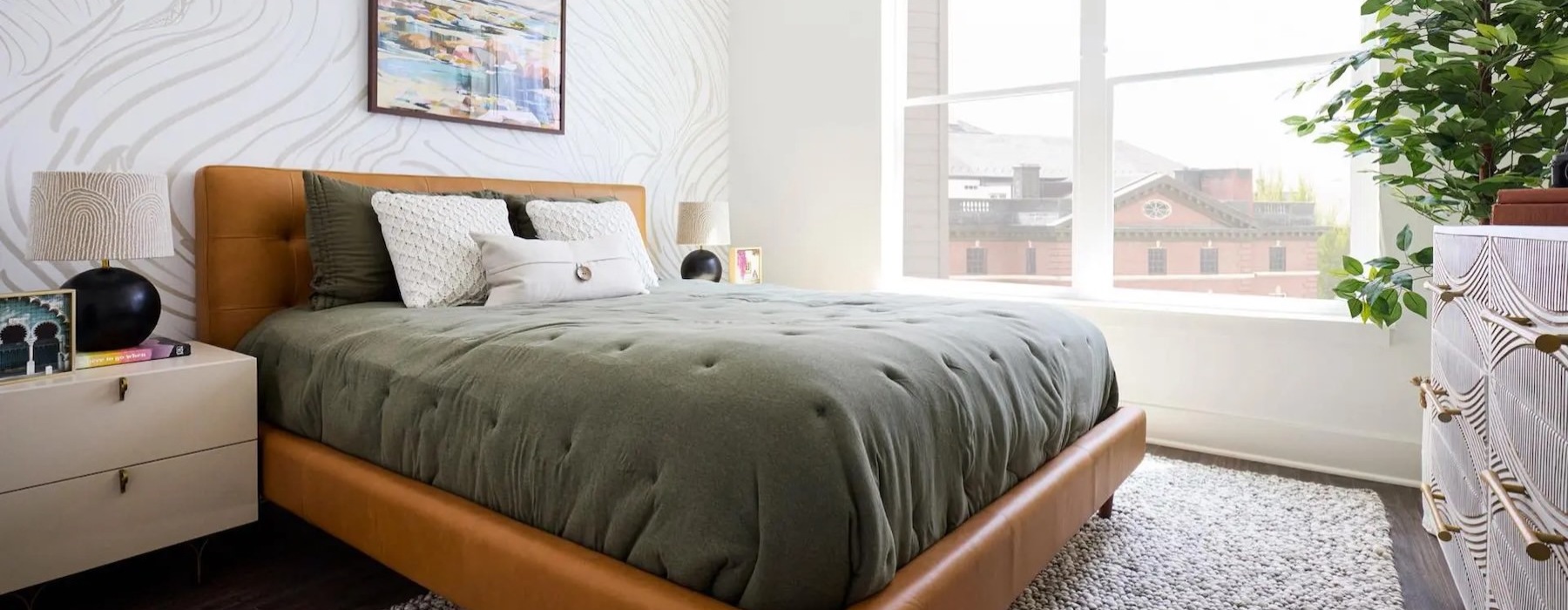 a bedroom with a large bed